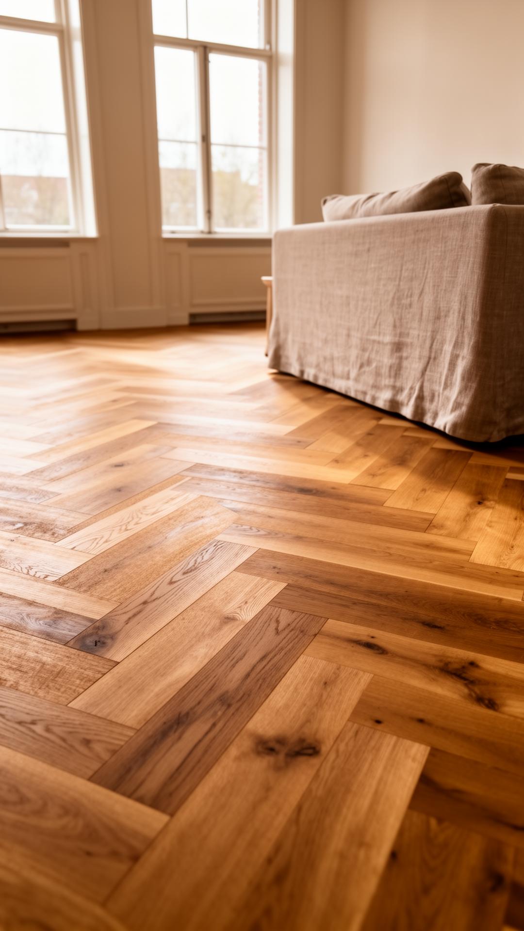 Karakteristieke houten visgraatvloer in een lichte woonkamer